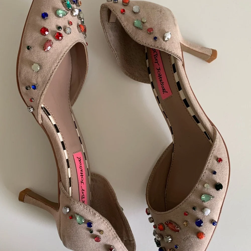 Betsey Johnson Beige Heels with Colorful Gems - Picture 2 of 10